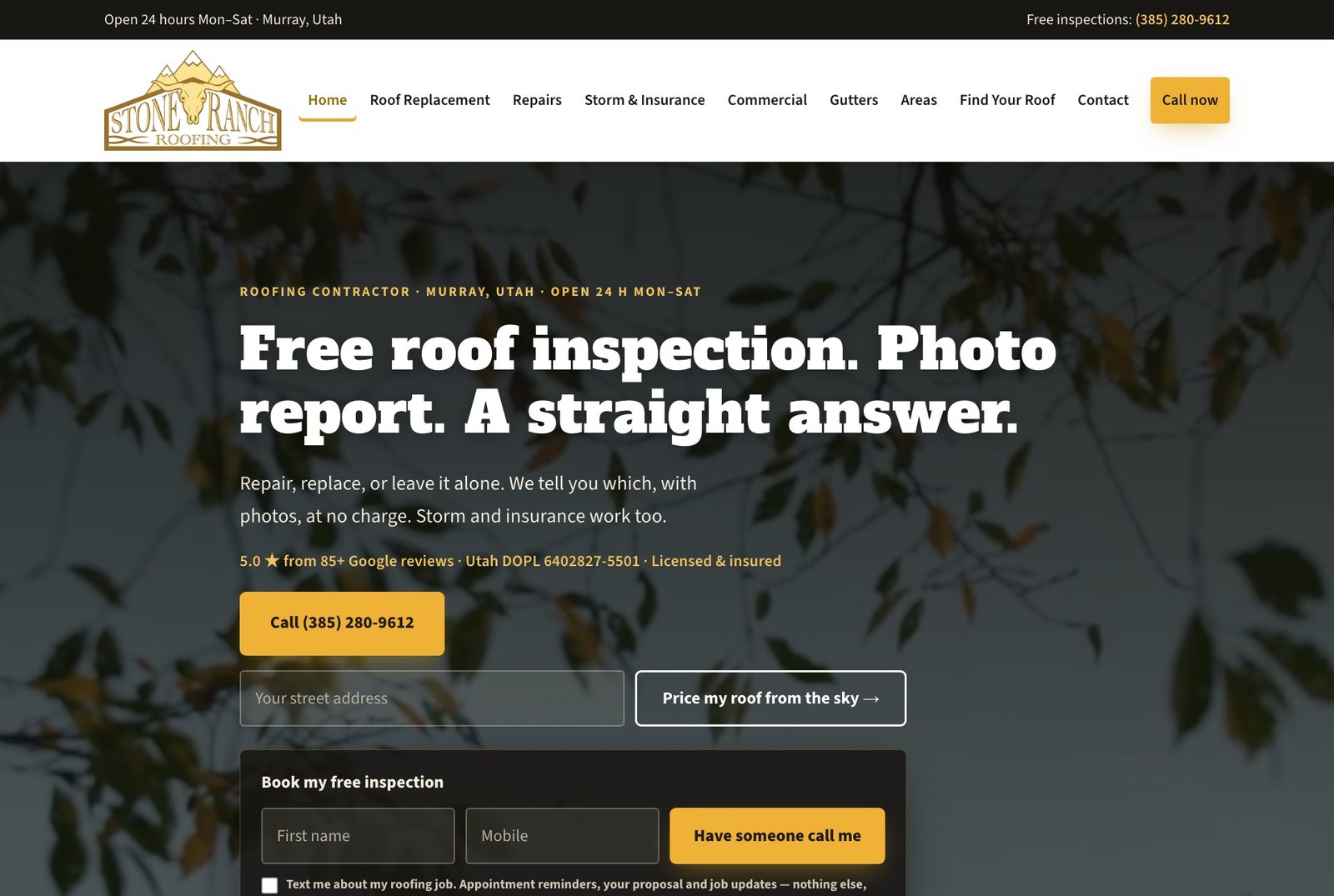 The Stone Ranch Roofing home page: a free-inspection headline over a dark photo, with an address field for the roof pricing tool.