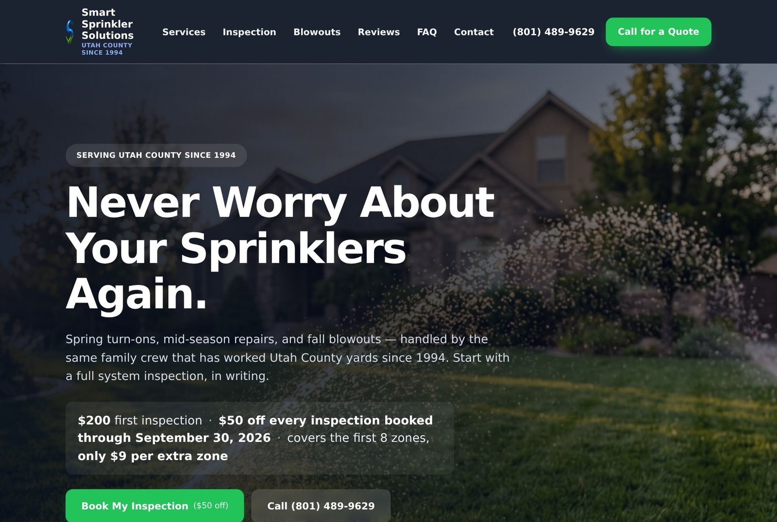 The Smart Sprinkler Solutions home page, showing a headline over a photo of a running sprinkler on a green lawn.